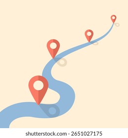 Meilenstein des Geschäftskonzepts Kann ein Symbol der Route im Geschäft sein. Straße und Stecknadel. Ausgehend von Straße und Weg mit Markierung. Blaue Straße in der Wüste mit heller Sonne und gps Pin auf der Route.