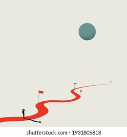Business project milestones vector concept. Man standing at the start of the road, path. Symbol of planning, strategy. Eps10 design, minimal art illustration.