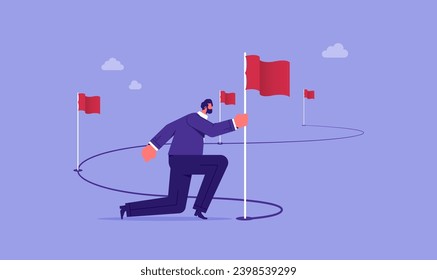 Business project milestones vector concept, journey or execution to achieve business success, businessman holding flag on milestones reaching target