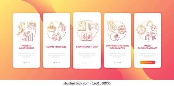 Business project onboarding mobile app page screen with concepts set. Focusing on consumer. Marketing work walkthrough 5 steps graphic instructions. UI vector template with RGB color illustrations