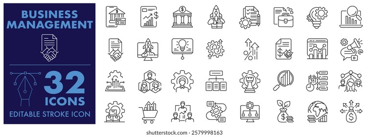 Business Project or Organisation management Icons Business Process, Planning, Strategy, Startup, Accounting, Management, Business Investment and more Editable Stroke Icons set.