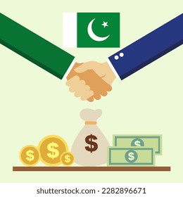 Business project for Pakistan. Cash transactions. handshake between partners. vector illustration