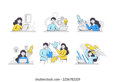 Business Project with People Character with Lightbulb, Rocket and Jigsaw Puzzle Working with Startup Outline Vector Set