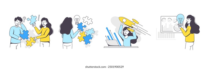 Business Project with People Character Working with Startup Outline Vector Illustration Set