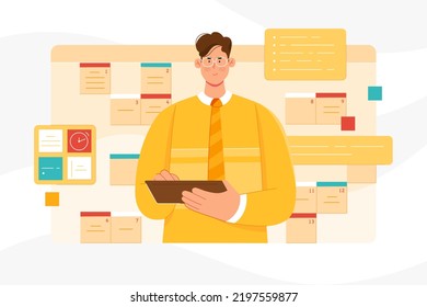 Business Project Planning Vector Illustration. Cartoon Busy Businessman Working To Organize Time For Meetings And Events In Virtual Electronic Schedule With Clock Reminder, Notes And Planner