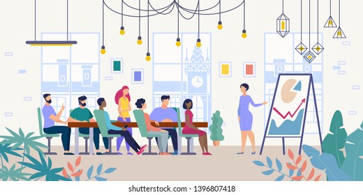 Business Project Presentation, Company Financial Strategy Planning Flat Vector Concept with Female Leader Showing Infographics on Flipchart for Company Employees in Office Meeting Room Illustration