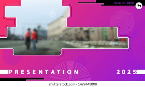 Business project, presentation template. Abstract with circles red and purple background. Photo frame design, city, people walk. Used for banners, advertising marketing, flyer annual report Flat style