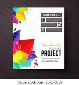 Business Project presentation template with a colorful crystal network of geometric points , editable text space and graphs over a dark square background, vector design element