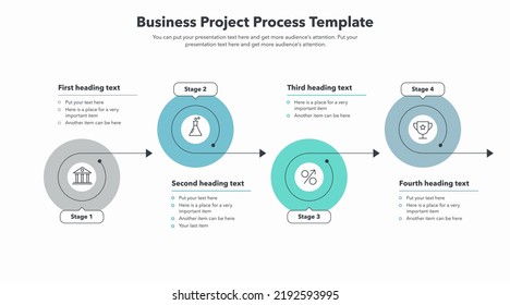 Business project progress template with four stages. Easy to use for your website or presentation.