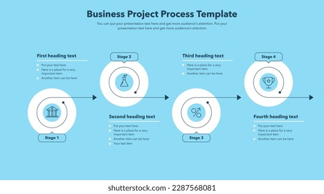 Business project progress template with four stages - blue version. Modern presentation diagram with minimalistic icons.