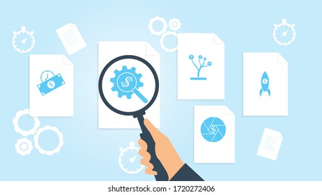 Geschäftsprojekt, Raketenabschussdatei, Dokumentenrecherche, VektorgrafikDokument mit Suchsymbol. Datei und Vergrößerungsglas. Forschungszeichen für Analytik Vektorgrafik