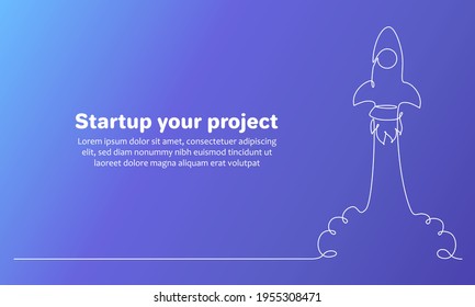 Proyecto de negocio Concepto Start Up con envío de cohetes en un estilo de dibujo de una línea. Banner web con el lanzamiento de una nave espacial al espacio abierto. Trazo editable. Ilustración del vector
