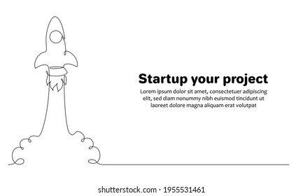 Business project Start Up concept with rocket ship in one line drawing style. Web banner with Launching a spaceship. Editable stroke. Vector illustration