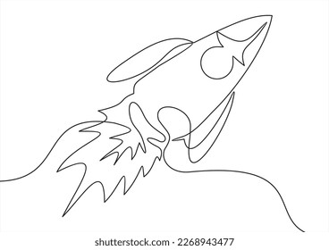 Business project Start Up concept with rocket ship in one line drawing style. Web banner with Launching a spaceship. Editable stroke. Vector illustration