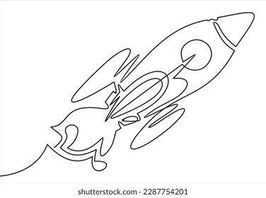 Business project Start Up concept with rocket ship in one line drawing style. Web banner with Launching a spaceship. Editable stroke. Vector illustration