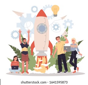 Business project start flat vector illustration. Idea realization through teamwork, planning, and strategy concept. Startup launch and company development process.