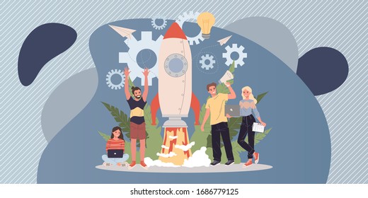 Business project start flat vector illustration. Idea realization through teamwork, planning, and strategy concept. Startup launch and company development process.