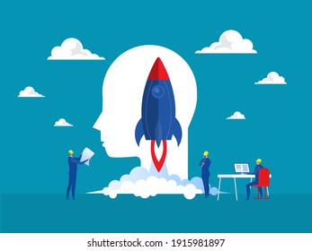 business project start up People launch spaceship rocket; development products; marketing company; creative idea and innovation new original symbol vector concept
