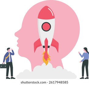 business project start up People launch spaceship rocket; development products; marketing company; creative idea and innovation new original symbol vector concept

