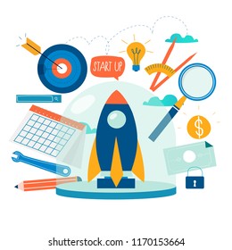 Business project start up process, start up idea launching, project management, business research flat business vector illustration design