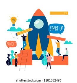 Business project start up process, start up idea launching, project management, start up launch teamwork flat business vector illustration design