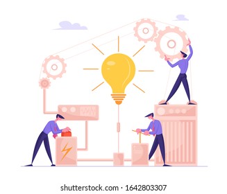 Business Project Startup Financial Idea Realization and Searching Solution Concept. Businesspeople Launch Huge Lamp Pushing Lever Arm and Red Button in Gears Mechanism. Cartoon Vector Illustration