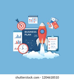 Business project startup, financial planning, idea, strategy, management, realization and success. Rocket launch,  business plan, documents, clock, target, money, to do list, calendar. Vector  