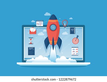 Business project startup, financial planning, idea, strategy, management, realization, success.Rocket launch,  business plan, documents, hourglass, target, to do list, calendar on laptop screen Vector
