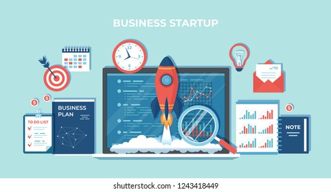 Business project startup, financial planning, idea, strategy, management, realization and success. Rocket launch from laptop monitor, business plan, notes, clock, target, hourglass, calendar Vector