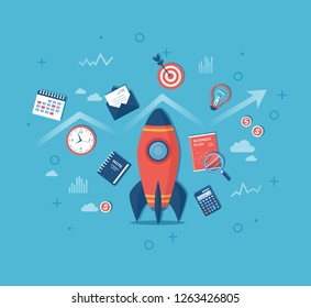 Business project startup, financial planning, idea, strategy, management, realization and success. Rocket launch with business plan, hourglass, target, money, calendar, calculator, notebook. Vector  