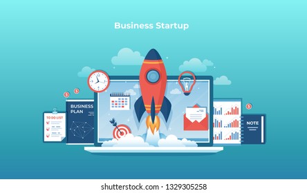 Business project startup, financial planning, idea, strategy, management, realization and success. Rocket launch from laptop monitor, business plan, notes, clock, target, calendar, checklist Vector