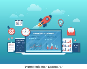 Business project startup, financial planning, idea, strategy, management, realization, success. Rocket launch, laptop screen with graphs and charts of analysis, statistics. Vector