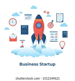 Business project startup, financial planning, idea development process, strategy, management, realization and success. Rocket launch spaceship with clouds hourglass, target, money, calendar Vector