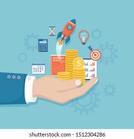 Business project startup, financial planning, idea, strategy, management. Businessman hand, business plan, documents, notes, target, calculator, calendar. Vector illustration