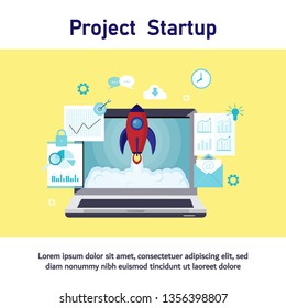 Business project startup process, startup idea launching, project management, plan business, communication business, startup launch flat business vector illustration design.