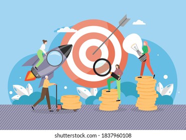 Lanzamiento de cohete de inicio de proyecto empresarial, ilustración vectorial plana. Objetivo, gente con bombilla, dinero, montando cohetes. Orientación, comercialización, creación de ideas empresariales, trabajo en equipo, inversión financiera