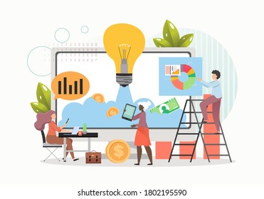 Business project startup, tiny people investing money in new creative idea, flat vector illustration. Startup investment, innovation, business team work.