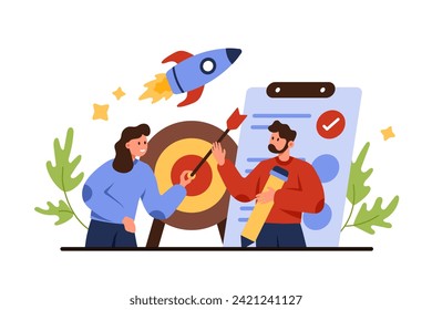 Business project success closure. Tiny people team closing startup with completed tasks in checklist, documentation analysis and contracts, employees finish project cartoon vector illustration