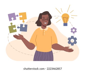 Business project and tasks completion, isolated employee solving issues and developing process. Creative innovations and ideas from woman. Flat cartoon character, vector in flat style