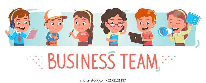 Business project team people. Customer service call center operator, repairman engineer, designer and illustrator, accountant, programmer, media marketing coach, manager. Vector employee characters se