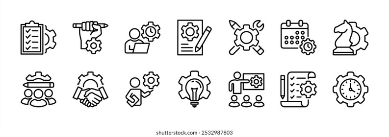 Business project thin line icon set. Containing checklist, planning, teamwork, strategy idea, manager, training, employee, schedule, time, development, innovation, solution, leadership, meeting vector