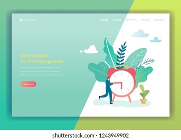 Plantilla de la página de inicio de administración de tiempo de proyectos empresariales y optimización de procesos. Concepto de planificación y estrategia con carácter de empresario para página web y sitio web. Ilustración del vector