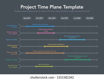 Business project time plan template with project tasks in time intervals - dark version. Easy to use for your website or presentation.