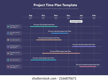 Business project time plan template with seven project tasks in time intervals - dark version. Easy to use for your website or presentation.