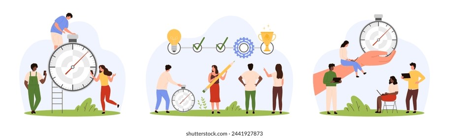 Business project timeline, time management and effective organization set. Tiny people check task progress on goal tracker, use timer with button to control deadline cartoon vector illustration