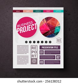 Business Project title page vector template with colorful geometric round motifs, editable text and tabs over a square black background