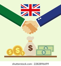 Business project for United Kingdom. Cash transactions. handshake between partners. vector illustration