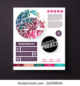 Business Project vector design template in retro colors with editable text space and boxes, an annual date line, categories and abstract geometric circular motif