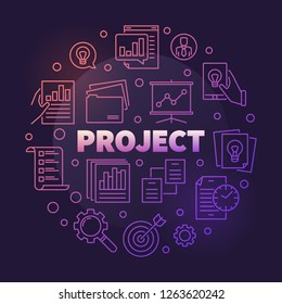 Business Project vector round colorful outline illustration on dark background