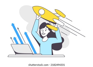 Business Project with Woman Character with Laptop and Rocket Launch Working with Startup Outline Vector Illustration